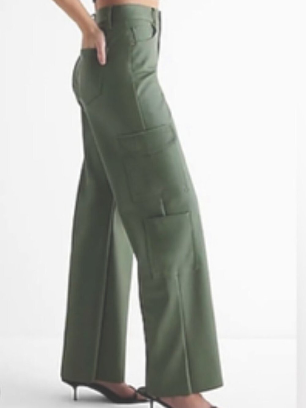 Express Cactus Green Cargo Faux Lambskin Leather Wide Leg High Rise Jean Sz 12L